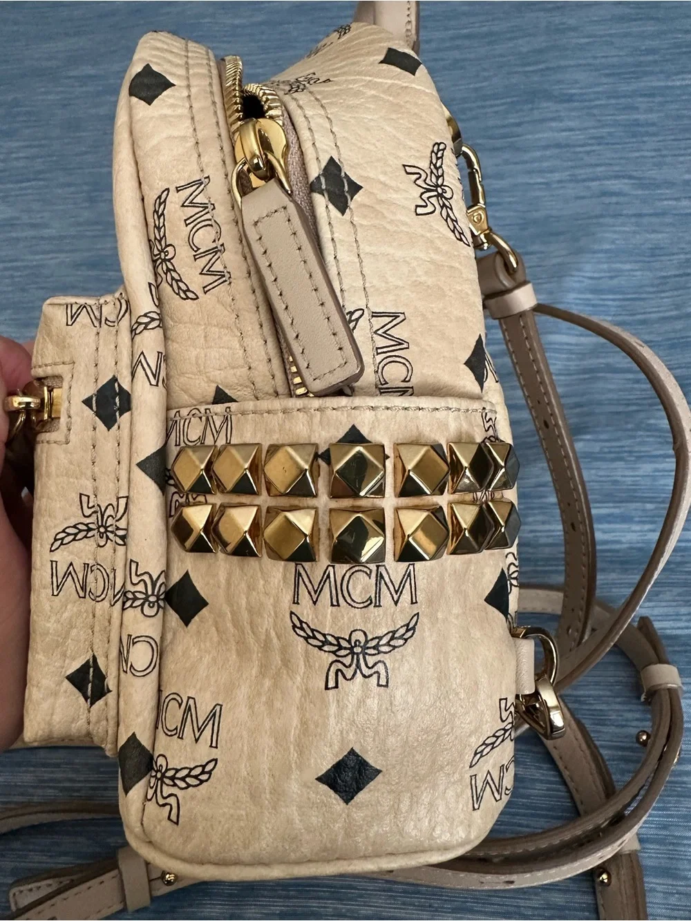 MCM Beige Visetos Mini Backpack with Gold Stud Accents